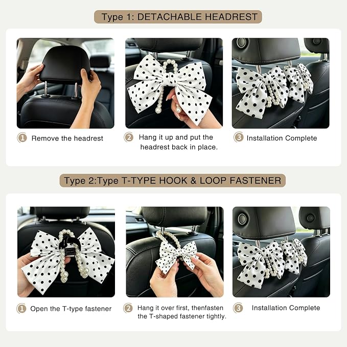 2 Pack Pearl Car Seat Headrest Hook with Bow & Sequin/Leopard/Polka Dot Design – Cute Purse Hanger for Vehicle,Grocery Bags, Umbrellas, Seat Back Organizer for Women (White Polka Dot) - Image 6