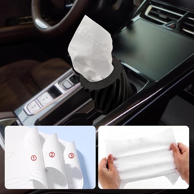 Car Cup Holder Tissue with 3 Pack Facial Tissues, Car Tissues Cylinder, Refillable Round Travel Tissue Tube for Vehicle, Office, Home Use (Black) - Image 6