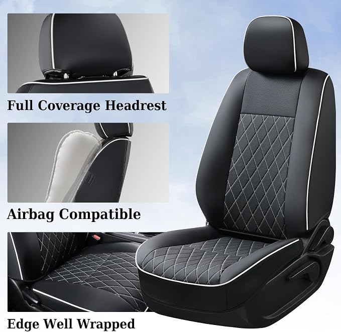 Coverado Tacoma Seat Covers Full Set, Faux Leather Seat Covers Custom Fit for 2005-2015 Toyota Tacoma Double/Crew Cab Base Prerunner SR5 Limited TRD Sport Interior Covers (White Line) - Image 3