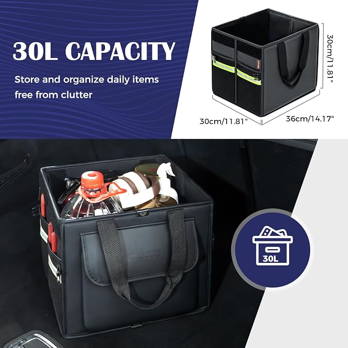 Coverado Trunk Organizer for Car- Nappa Leather Trunk Organizer for SUV with Lid, 30L Multi Collapsible Car Storage Organizer Foldable, Multi Compartments with 2 Straps for SUV/Truck - Image 2
