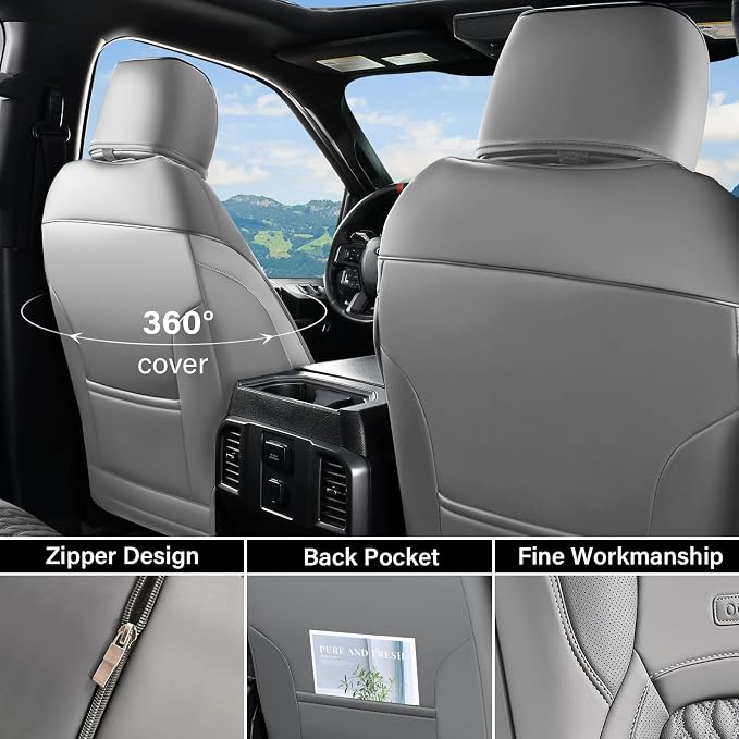 Coverado Chevy Chevrolet Silverado GMC Sierra Seat Covers Full Set, Custom Fit for 2014-2018 1500, 2015-2019 2500HD 3500HD Crew Double Extended Cab Truck, Waterproof Leather Car Seat Covers (Gray) - Image 2