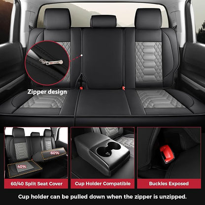 FREESOO Custom Leather for Toyota Tundra Seat Covers 2007-2013 Crewmax Cab | Fit for Crewmax Cab 5 Seats, Full Set, 60/40 Split Bench, Faux Leather, for Truck Toyota Tundra Accessories, BlackGrey - Image 4