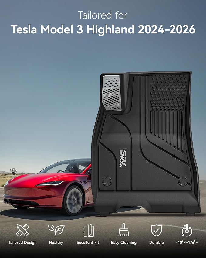 3W Floor Mats with Metal Pedal for Tesla Model 3 Highland 2024-2026 | Full Set with Seatback Protector, TPE All Weather Custom Fit Rear Trunk Mat,Cargo Liner Model 3 Accessories, Black - Image 3