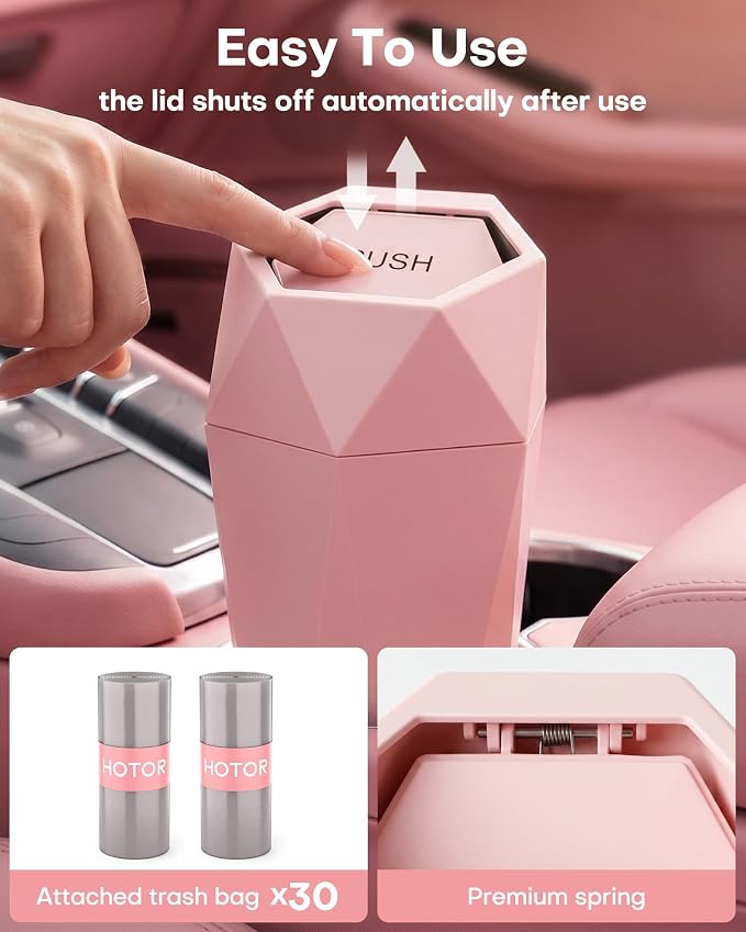 HOTOR Car Trash Can with Lid, Leakproof, Pink, 1 Pack | Car Accessories for Interior, Garbage Can with 15 Attached Trash Bags, Multipurpose Organizer and Storage for Home & Office - Image 2