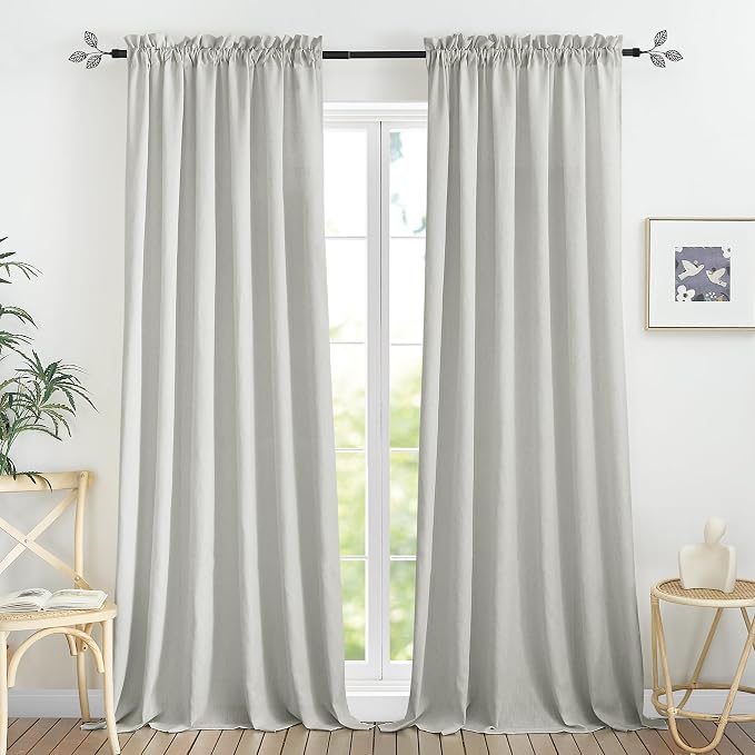 RYB HOME Linen Sheer Curtains 2 Panels for Living Room, Semi Transparent Privacy Drapes with Rod Pocket Farmhouse Style Window Treatments for Bedroom, Light Grey, 70" W x 95" L by RYBHOME