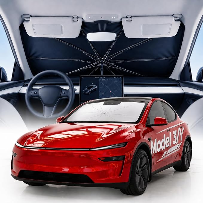 Weektic Windshield Sun Shade Umbrella for Model 3/ Model Y 2018-2026, Double Thickened Ice Crystal Coating, Sun & Heat Protection, Keep Vehicle Cool & Protect Interior by Weektic