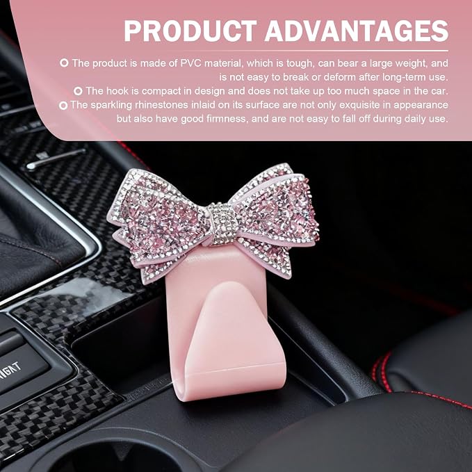 2 PCS Bling Bow Purse Hook for Car, Cute Seat Headrest Hooks, Automotive Interior Decoration Accessories, Universal for Most Cars, Trucks, SUVs (Pink) - Image 7