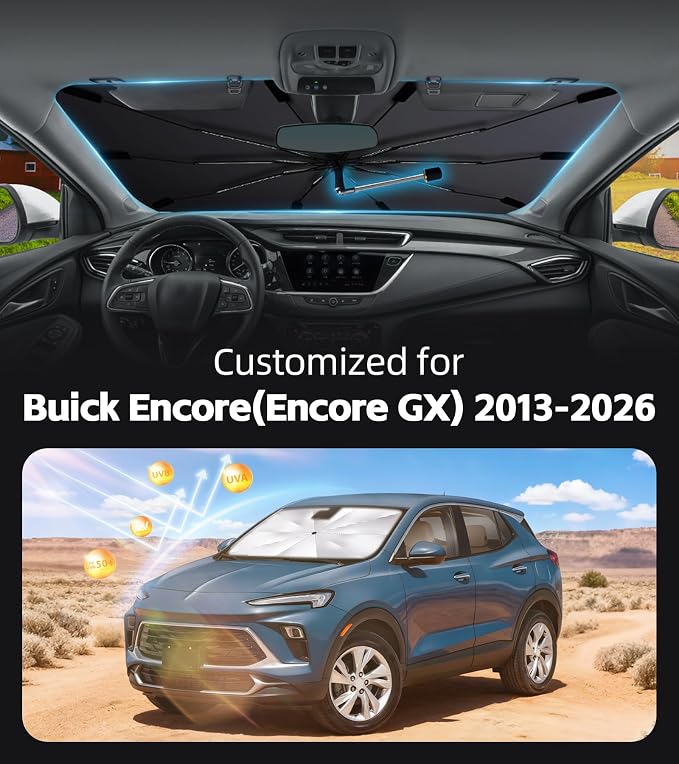Windshield Sunshade for Buick Encore/Encore GX 2013-2026,360°Rotating Shaft | Custom Fit Umbrella Sunshade for UV Blocking, Interior Heat Protection, Easy Storage, UPF 50+ Cool Windshield Cover - Image 2