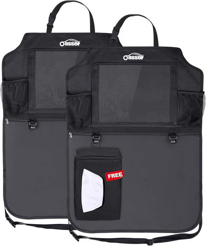 Oasser Seat Back Protector Kick Mats Backseat Car Organizers | 2 Pack, 1 Tissue Box, 12.9" Touch Screen Tablet Holder, Large Back of Seat Protector and Storage for Kids, 8 Pockets, Black - Image 2