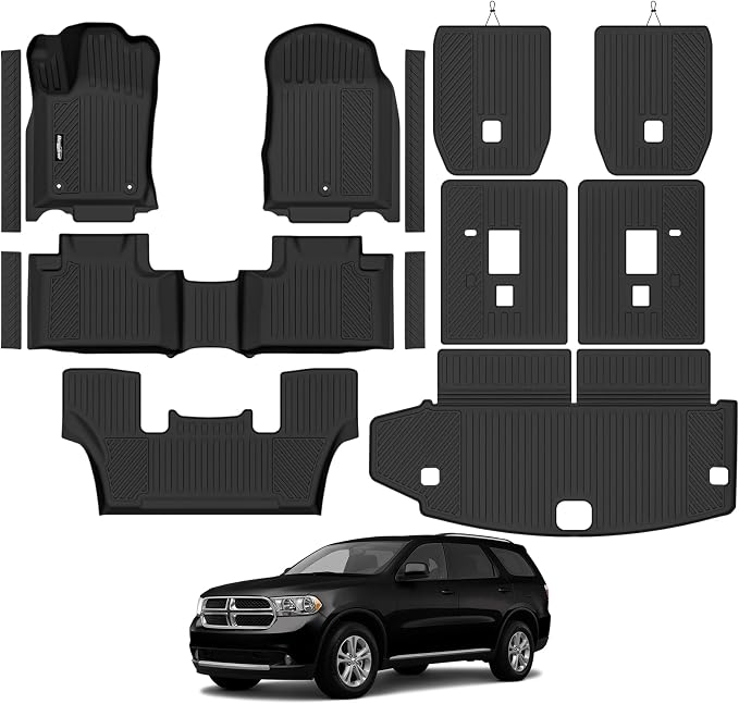 Floor Mats for 2011-2012 Dodge Durango 6 Seats/Captain Seat | Trunk Mat and 2nd/3rd Backrest Mat & Door Sill Guard All Weather TPE Protector Full Set Interior Accessories Floor Liners by Bingoliner