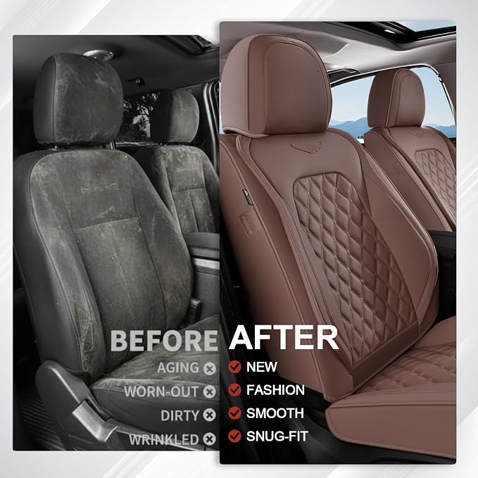 Coverado Full Set Car Seat Covers, Brown Leather Seat Protectors for Cars, Waterproof Luxury Front & Back Car Seat Covers, Universal Fit for Most Cars-Brown - Image 9