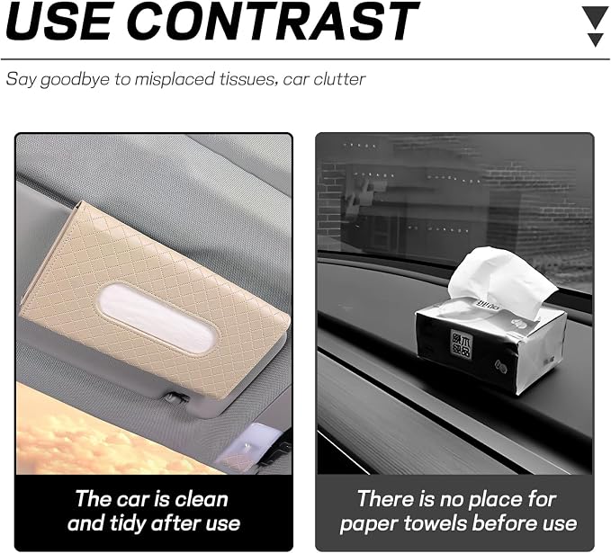 Car Tissue Holder, PU Leather Sun Visor Tissue Box (Plaid-Beige) | Wear-Resistant & Waterproof, Napkin & Mask Dispenser, Metal Memory Clips, Easy Refill, Fits Most Vehicles - Image 3