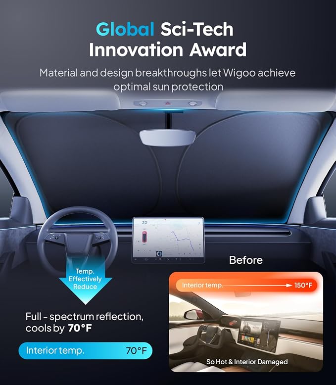 Wigoo for Tesla Model 3 Windshield Sunshade, OEM Design, 100% Sun Block | Custom Fit, Cooling Tech Fabric, Foldable Heat-Blocking Sunshade with Storage Bag, for Model 3 2017-2026 Accessories - Image 2
