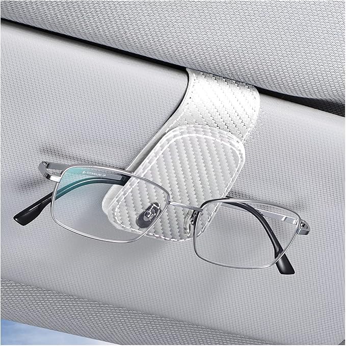 AICEL Sunglasses Holders for Car Sun Visor, Leather Magnetic Clip, White | Leather Eyeglasses Hanger Mounter, Magnetic Glasses Holder and Ticket Card Clip, Car Accessories, Universal Fit by AICEL