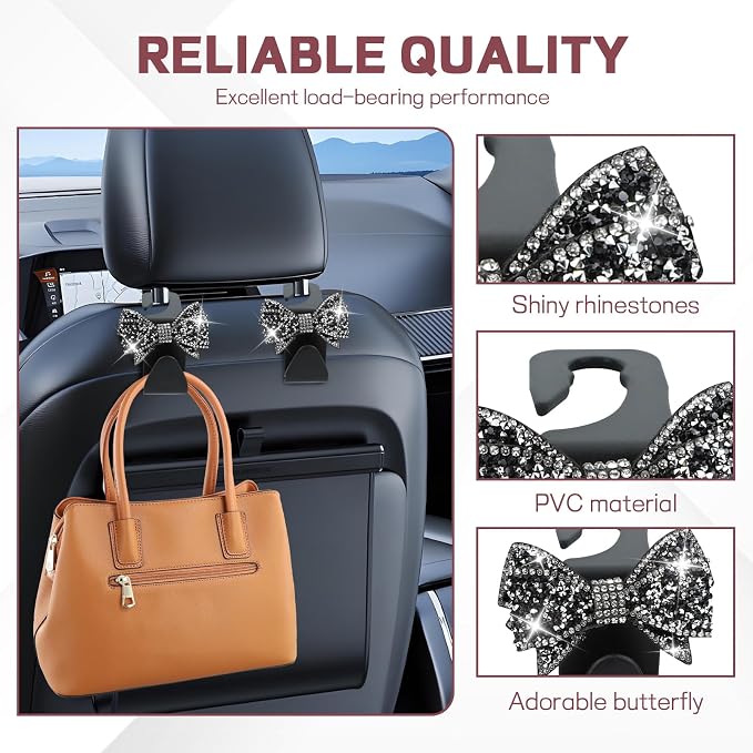 2PCS Bling Bow Car Seat Headrest Hook, Cute Bow Purse Hanger for Cars, Crystal Rhinestone Auto Seat Back Storage Hanging Hooks for Handbag Umbrella Coat Grocery Bags, Car Accessories (Black) - Image 3