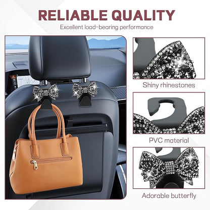 2PCS Bling Bow Car Seat Headrest Hook, Cute Bow Purse Hanger for Cars, Crystal Rhinestone Auto Seat Back Storage Hanging Hooks for Handbag Umbrella Coat Grocery Bags, Car Accessories (Black) - Image 3