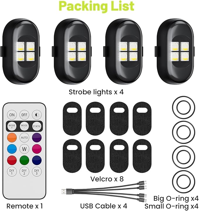 Wireless LED Lights for Car 4PCS, Interior Car Lights with Remote, USB-C Charging Strobe Lights, 80H Battery 8 RGB Colors IP65 Waterproof Ambient Lighting Car Accessories for Trucks Motorcycles Bike - Image 8
