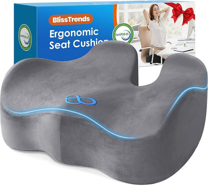 BlissTrends Extra Thick Seat Cushion for Office Chair & Car Seat, LightGrey | XX-Large Tailbone & Sciatica Relief, Ergonomic Support, High-Density Memory Foam, Comfort for Extended Sitting by BlissTrends