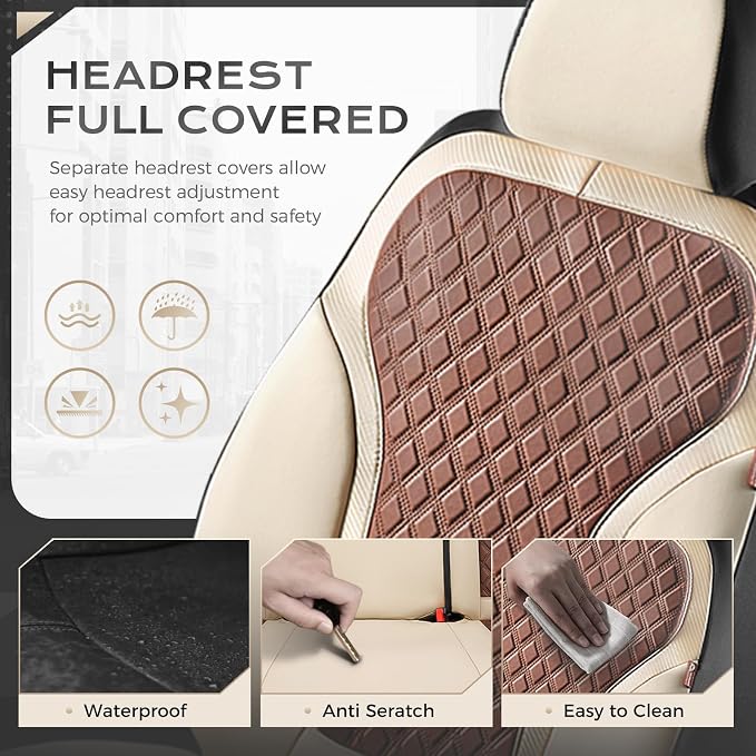 Coverado Front Seat Covers, Luxury Diamond Leather Car Seat Cover with Carbon Fiber Weave, Waterproof Car Seat Cover Driver Seat Cover Spill-Proof Design Universal Fit for Most Cars, Beige&Brown - Image 2
