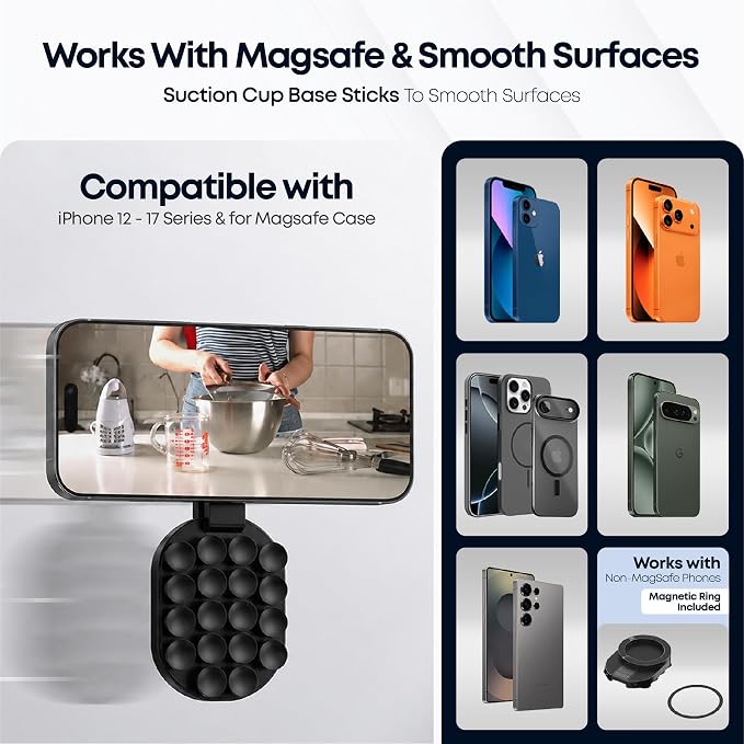 ALCOVA MagLock 3-in-1 Suction Magnetic Phone Holder for MagSafe | Phone Tripod Mount with Carabiner Clip, Compatible with iPhone 17-12, Ideal for Car Dashboard, Gym, Kitchen, Office - Image 5