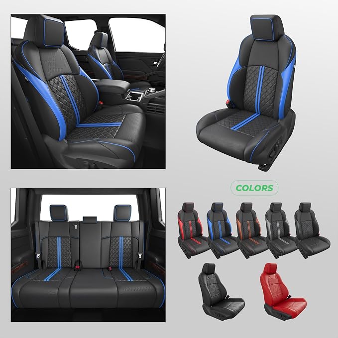 RIDEPOSH Custom Leather Seat Covers for Toyota Tacoma Double Cab 2024-2026 | full set, BKblue, OEM fit, premium waterproof leather, anti-slip, extra pockets, long-term durability, airbag compatible - Image 8