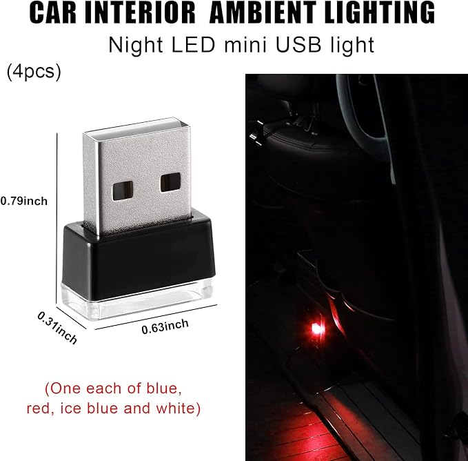 4 PCS USB LED Car Interior Atmosphere Lamp, Portable Mini LED Night Light, Plug-in USB Interface Trunk Ambient Lighting Kit, Universal Interior Car Accessories (Blue+Red+Ice Blue+White) - Image 2