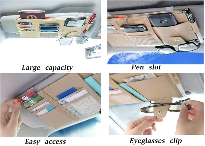 Car Sun Visor Organizer, Auto Car Interior Leather Accessories Storage Pocket Sun Visor Pouch Case Bag for Card License Registration Pen Mobile Phone Bill Note Key Document (Beige) - Image 2