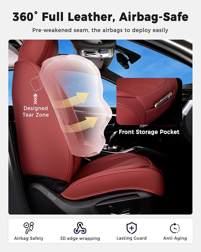 Huidasource Red Front Seat Cover Luxury Nappa Leather, Front Car Seat Cover with Airbag, Front Storage Pocket, Lumbar Support, Cooling＆Heating, Seat Covers Universal Fit for Most Cars SUV Trucks, Red - Image 2