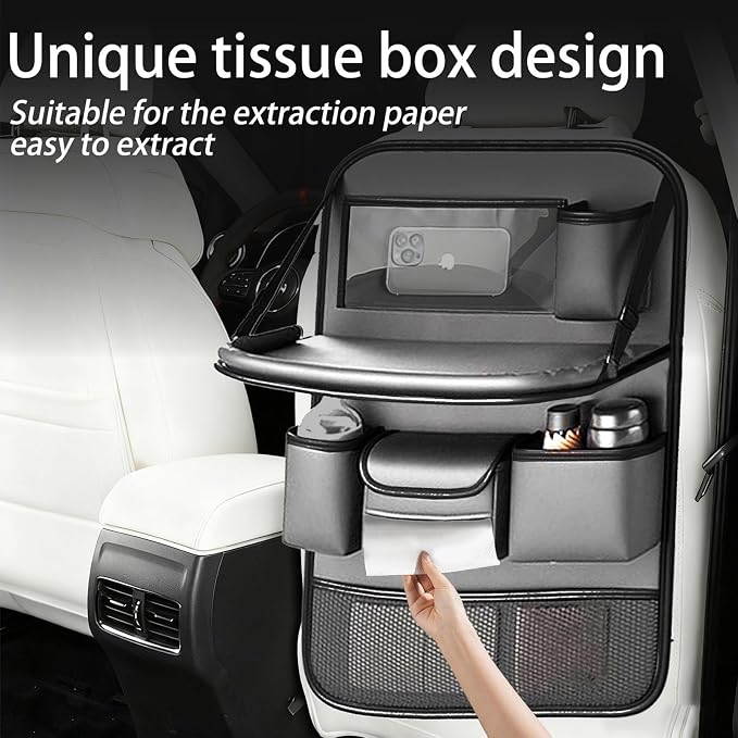 2 Pack Leather Car Backseat Organizer with Foldable Table Tray, Universal Car Seat Back Protector Kick Mat with Touchscreen Tablet Holder, Storage Pockets, Cup Holders & Tissue Holder, Black - Image 9