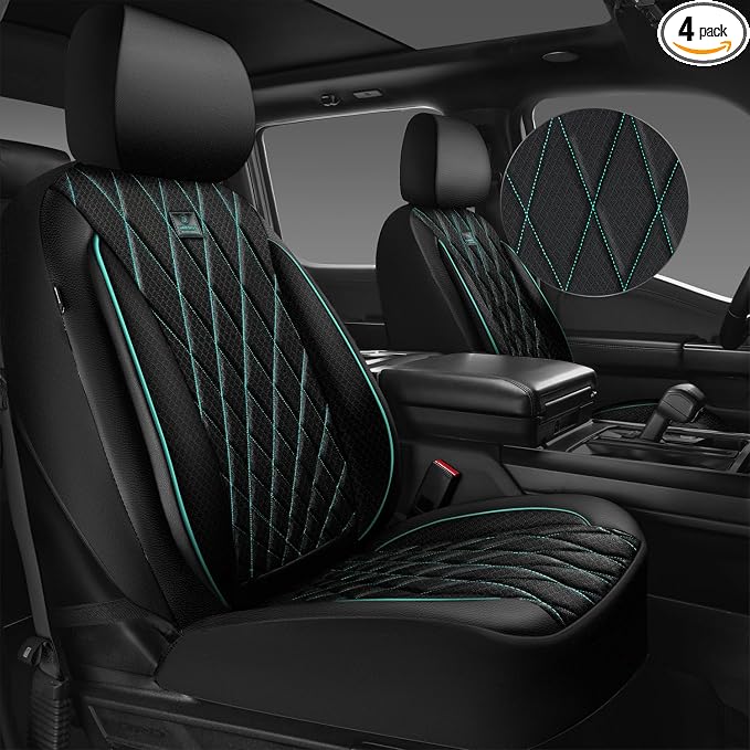 CAR PASS Thick Foam 3D Air Mesh Leather Car Seat Covers Front Seats Only, Breathable Premuim Leather Two Front Seat Cover, Airbag Compatible Universal Fit for 95% Sedan Van Truck SUV,Black and Mint by CARPASS