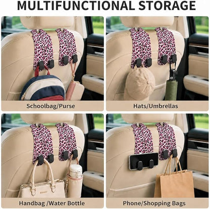 Cute Pink Leopard Car Seat Back Storage Headrest Hooks for Purses & Bags – 2PCS PU Leather Dual Metal Hooks, Backseat Organizer Accessories - Image 6