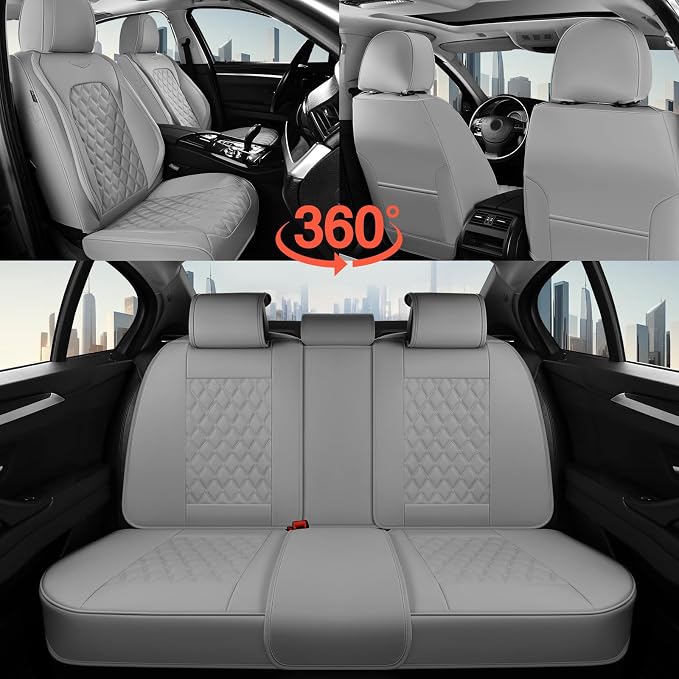 Coverado Full Set Car Seat Covers, Luxury Faux Leather Waterproof Seat Covers, Gray Car Seat Protectors, Universal Fit, Leather Seat Cushions for Cars-Gray - Image 7