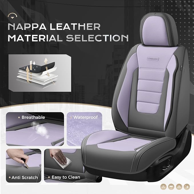 Coverado Car Seat Covers Full Set, Nappa Leather Seat Covers for Cars, Car Seat Protector Car Seat Cushion, Front and Back Seat Protectors Cushions Universal Fit for Most Cars Vehicles(Gray&Purple) - Image 2