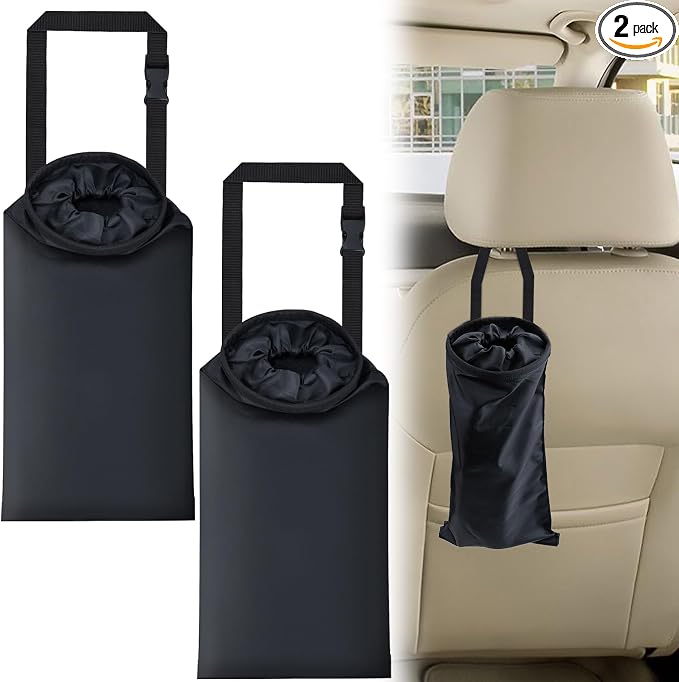 ecocstm 2 PCS Car Trash Bags, Car Accessories Washable Garbage Bag Hanging | Detachable Trash Can with Top Elastic Vent & Sticky Strap Bottom Opening, Seat Back Tash Bag for Cars,Travelling,Outdoor by ecocstm