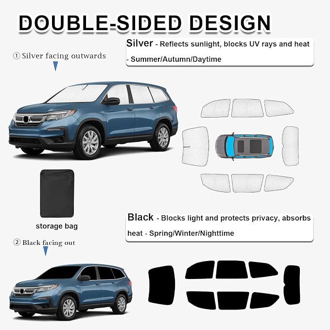 KMF 8pcs Thicken Sun Shades for Honda Pilot 2016-2022 2023 2024 Accessories, Custom Fit Full Car Window Covers Sunshade for Windshield Side Rear, UV Block and Blackout Privacy for Camping Outdoor - Image 4