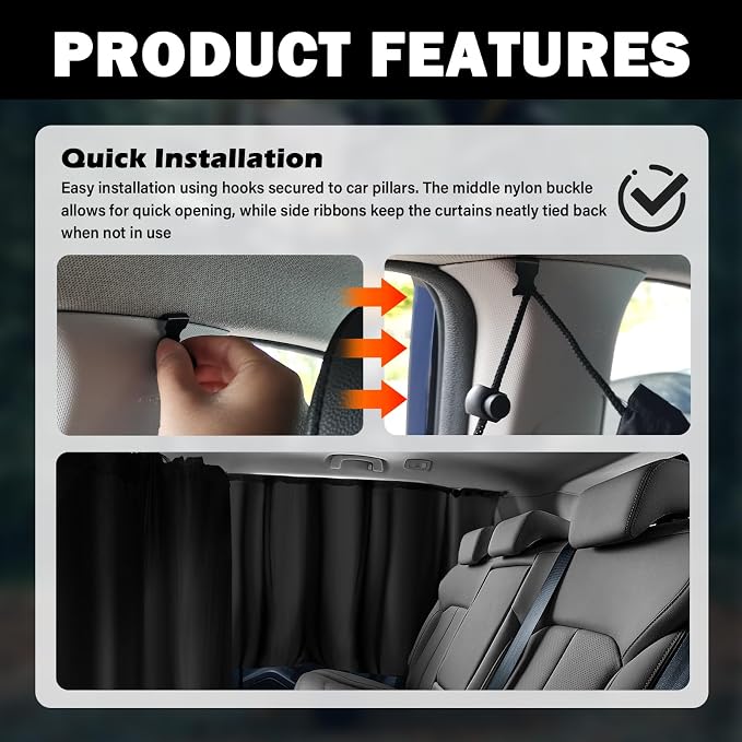 3PCS Car Privacy Curtains,Black Coated Car Window Shades Kit with Rear Window & Divider Curtain,Portable Cars Windows Curtains for Privacy and Lower Interior Temperature - Image 6