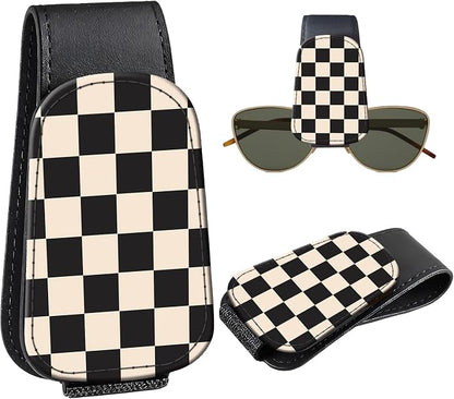 Leather Magnetic Sunglass Holder for Car Sun Visor, Cute Eyeglass Ticket Card Hanger Clip, Universal Auto Interior Accessories for SUV Pickup Truck, Black Beige Checkered by Unknown