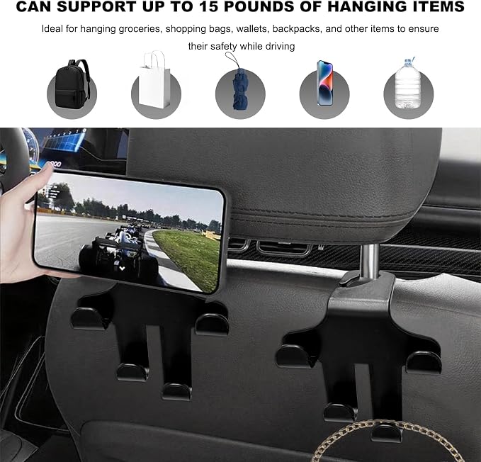 2PCS Car Seat Headrest Hooks, 4-in-1 Sturdy Car Seat Back Hanger Multifunctional Hanging Holder, Heavy Duty Auto Storage Hook Organizer for Handbags Purses Coats Grocery Bags - Image 5