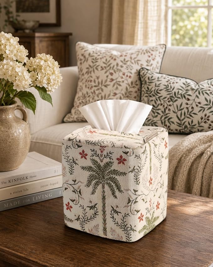 Chenille Tissue Box Cover - Vintage Farmhouse Decor, Coastal Palm | Tissue Box Cover Square, Cube Tissue Holder, 4.5x4.5x5.5 in, Home, Living Room, Bathroom, Bedroom, Office, Vanity, Car Decor - Image 5