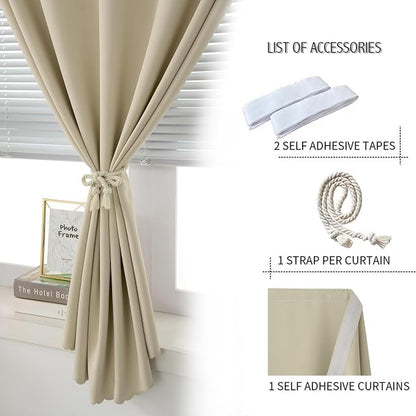 Self Adhesive Portable Blackout Curtains for Bedroom Easy to Install Window Thermal Lnsulated Kitchen Room Darkening Small Window Curtains, Cortinas Para Cuarto, 59"W X 84"L, Beige, 1 Panel - Image 2
