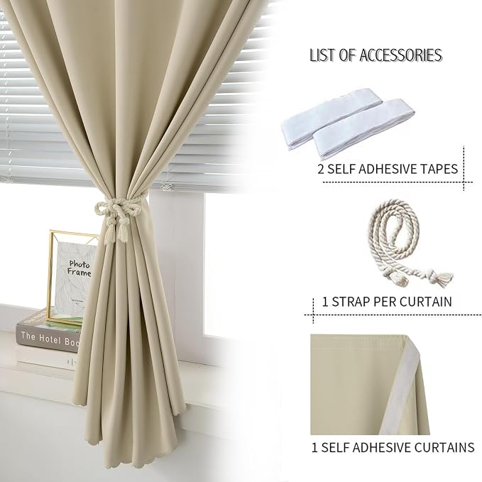 Self Adhesive Portable Blackout Curtains for Bedroom Easy to Install Window Thermal Lnsulated Kitchen Room Darkening Small Window Curtains, Cortinas Para Cuarto, 47"W X 71"L, Beige, 1 Panel - Image 2