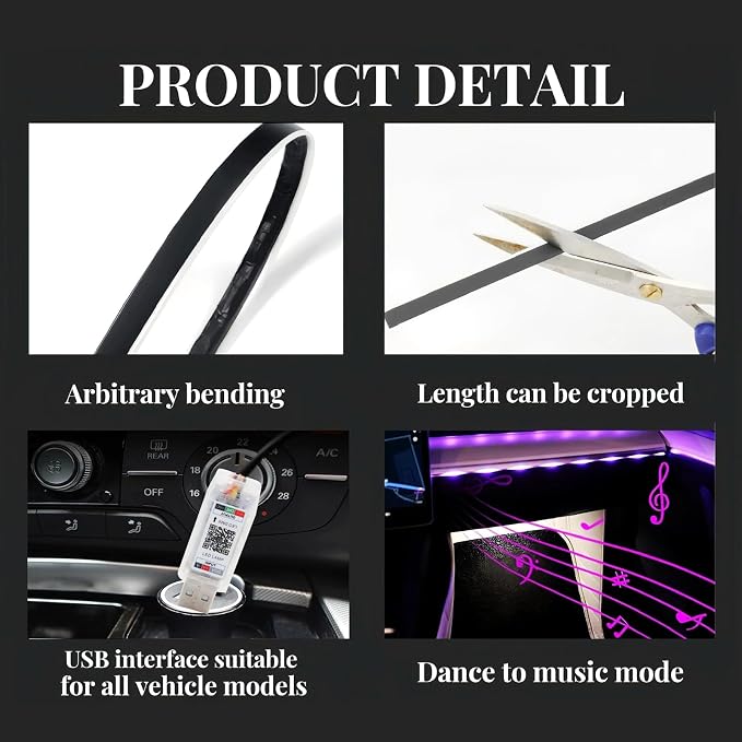 Interior Car Ambient Lighting Neon Kit for Center Console Dashboard Gap | 43.3 Inches, High Bright, RGB LED Ultrathin Acrylic Strip Lights, APP & Remote Control, USB interface, Music Sync, Universal - Image 7