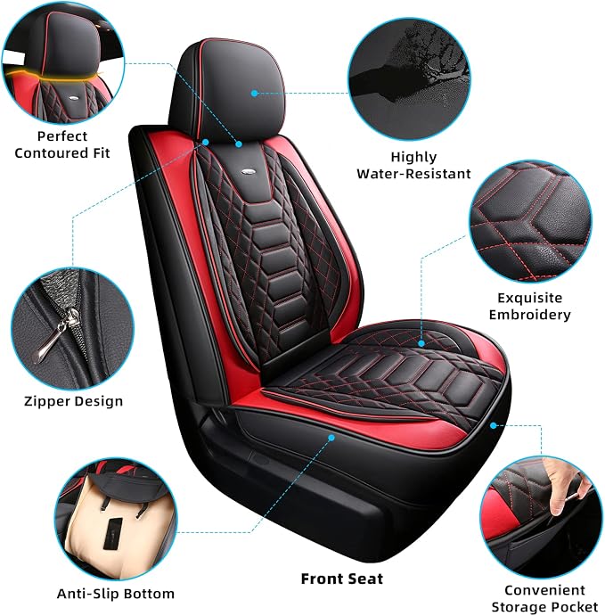 FREESOO for Toyota Tundra Seat Covers 2007-2021 Crewmax Cab 2 Front Set | 2pcs, Custom Fit, Airbag Compatible, Premium Waterproof Leather, for Truck Toyota Tundra Accessories, BlackRed - Image 4