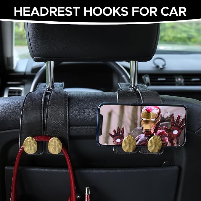 Leather Car Purse Hook for Headrest, 4 Pack (Black-Gold) | Twin Hooks Headrest Hangers, 2/4 Pack, No-Slip, Scratch-Proof, Holds Purses, Backpacks, Grocery Bags, Car Organizer Gift - Image 3