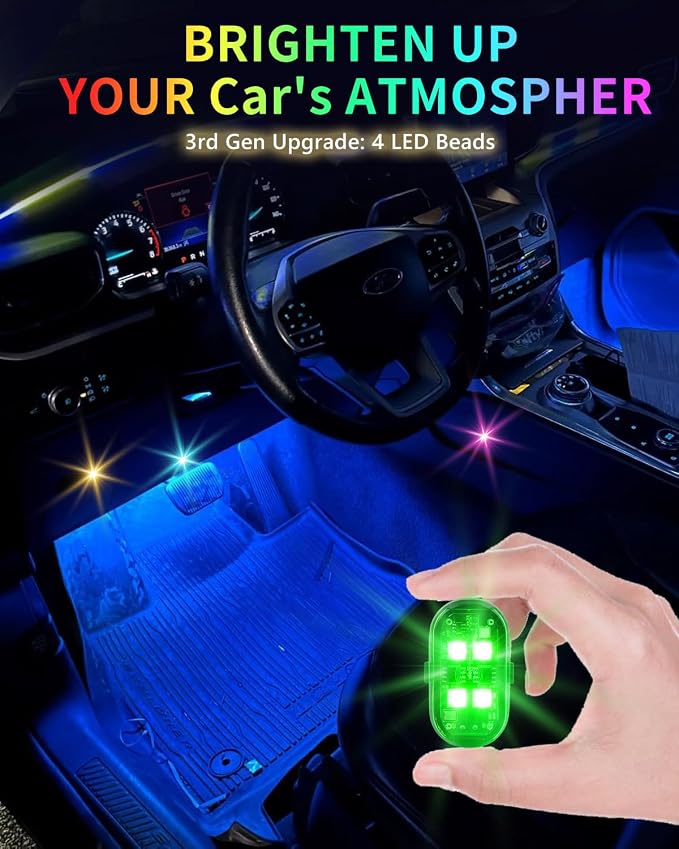 Upgraded 4PCS Wireless LED Strobe Lights for Car, 8 Colors Lights | Remote Control, Type-C charging Warning Light for Car Interior Motorcycle Drone Bike Decor - Image 2