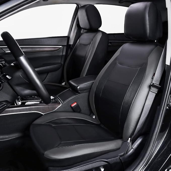 Flying Banner car seat Covers Protects Water Proof Faux Leather Carbon Fiber Front and Rear Bench (Gray Black, Full Set - 9PCS) - Image 3