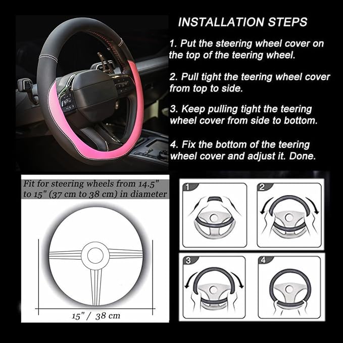 Microfiber Leather Steering Wheel Cover Universal 15 inch(Pink) - Image 7