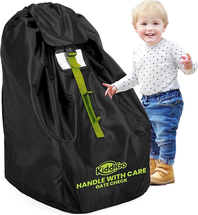 KiddiGo Car Seat Travel Bag For Airplane, Black & Green, 33” H x 18” W x 18” D, Fits Most Standard Convertible, Booster & Infant Car Seats, Gate Check Universal Size Car Seat Cover, Easy Carry Design by Kiddigo