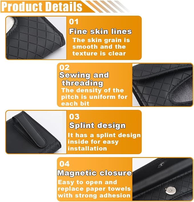 Car Tissue Holder, PU Leather Auto Napkin Holder for Visor & Backseat, Automotive Mask Organizer Case to Keep Vehicle Tidy, Universal Interior Accessories for Sedan Truck SUV (Black) - Image 3