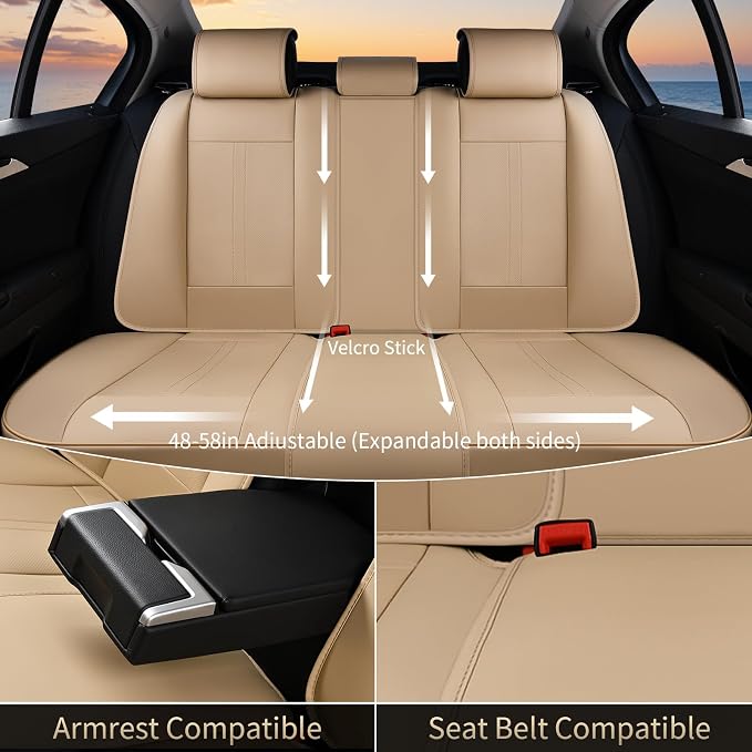 Seat Covers, Car Seat Covers Full Set, Luxury Nappa Leather Seat Covers, Breathable and Waterproof Car Seat Protector 5 Seat, Automotive Seat Covers Universal Fit for Most Cars-Beige - Image 3